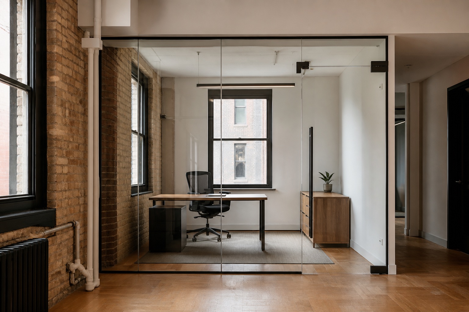 Frameless glass office partition and glass door