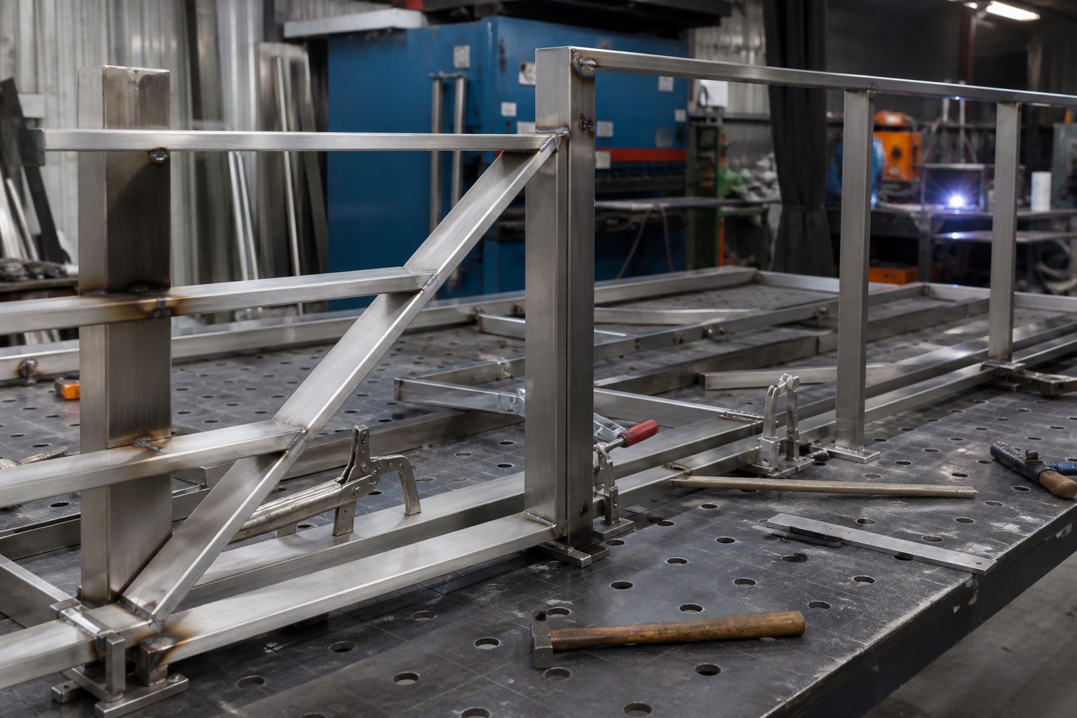 Architectural stainless steel fabrication in a workshop