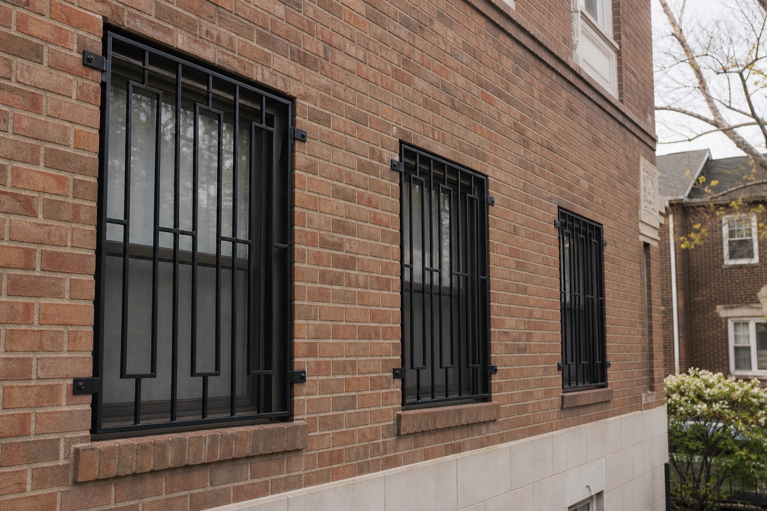 Custom black steel window guards on a brick building